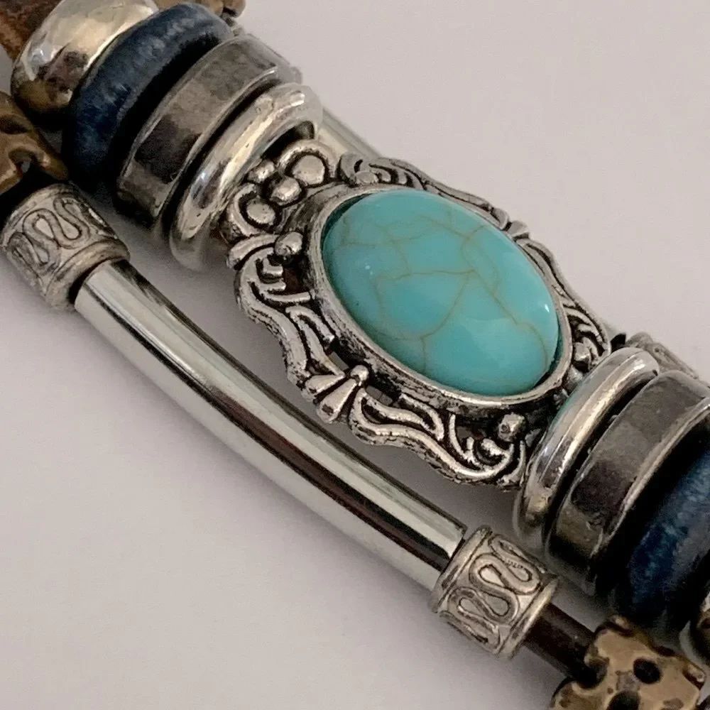 Rugged Western Boho Multi-Strand Bracelet, Faux Turquoise & Brown Leather